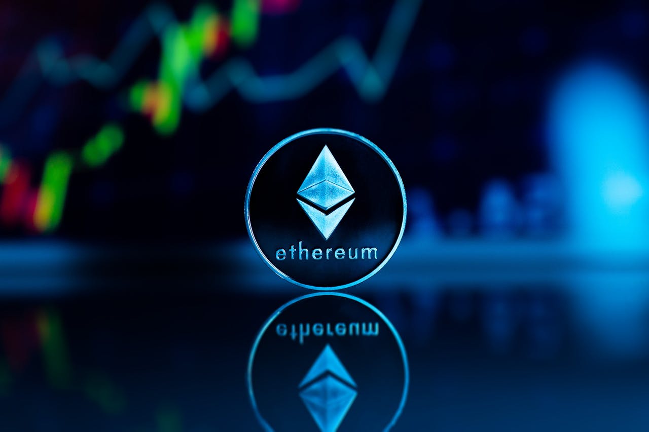 Ethereum coin with financial graph backdrop, representing cryptocurrency trends and technology.