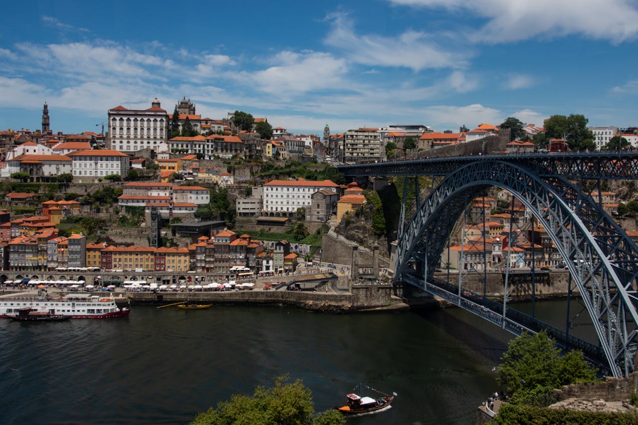 Scenic view of Porto, Portugal featuring the iconic Dom Luís I Bridge over the Douro River.